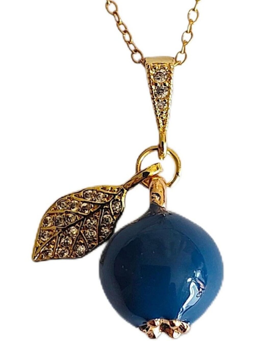 Handmade Blueberry Pendant Necklace with Crystal Leaf - Gold & Silver Tones
